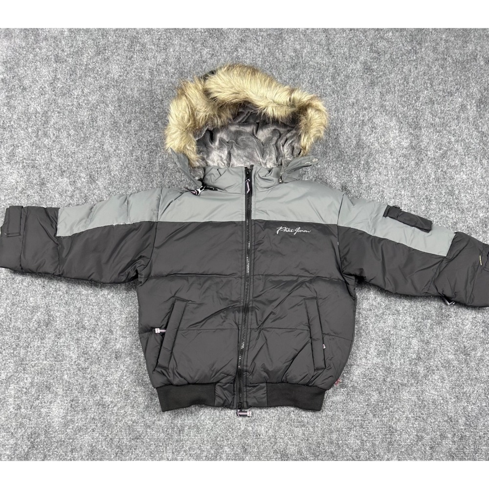 VTG Phat Farm Down Fill Puffer Jacket Faux Fur Hooded Charcoal Gray Size 4‎ NEW